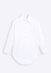 Leather-belted white shirt on plain background, front view – East Vibe
